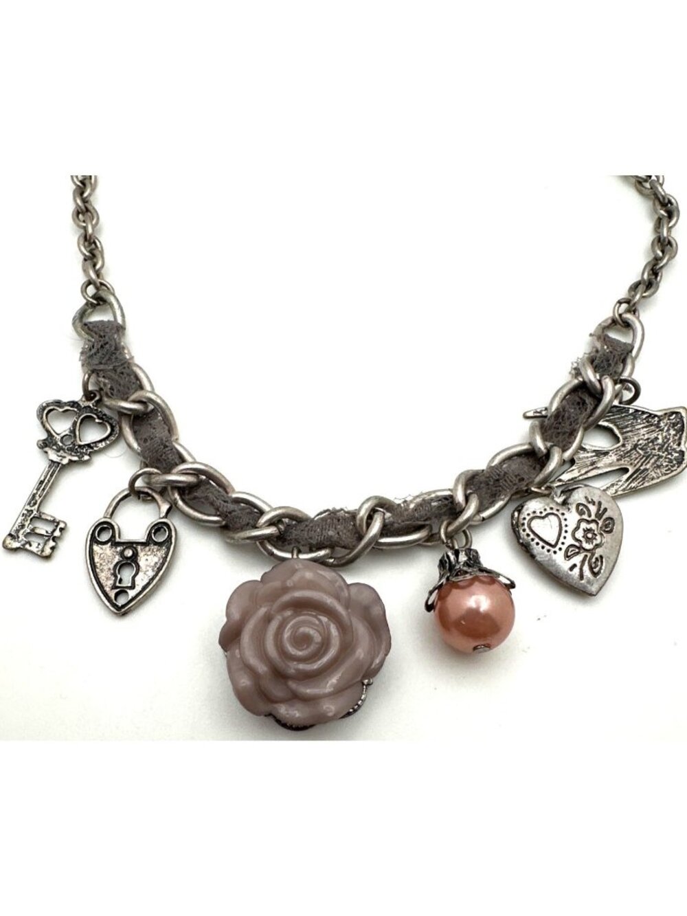 Y2k Von Maur Soft Girl Charm Necklace Cottage Eclectic Whimsical Rose Heart Key
